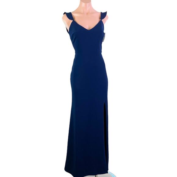 WAYF The Mina Ruffle Strap Sleeveless V-Neck Side Slit Gown Blue size S NWOT - Picture 11 of 11